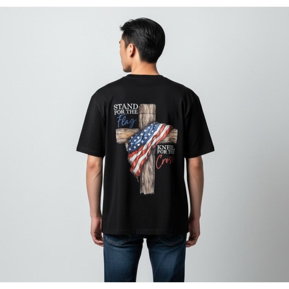 Graphic Faith T-Shirt Stand for the Flag Kneel For The Cross Mens L Christian